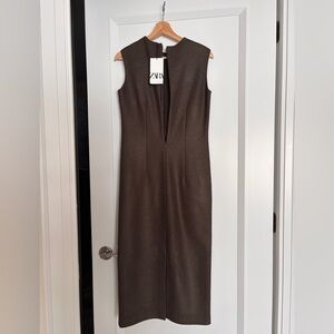 Zara Dark Brown Sleeveless Midi Dress - wool
